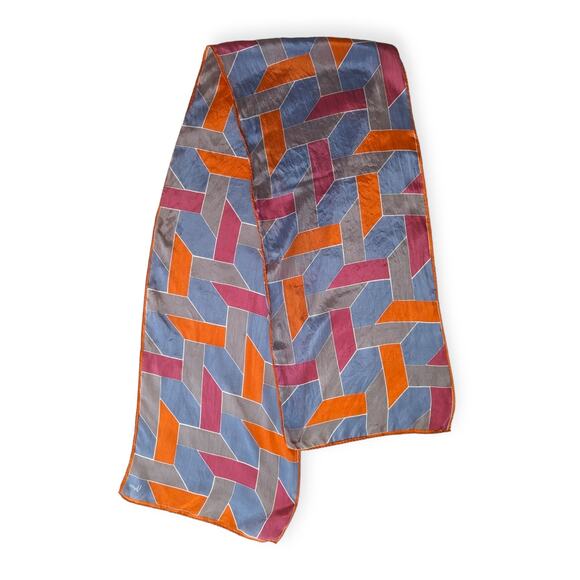 70s Silk Vera Neumann Geometric Oblong Scarf ~ gray orange magenta - Picture 1 of 4